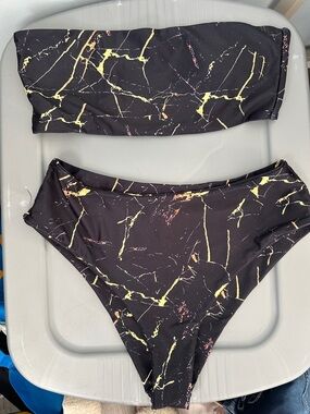 Black Marble Print Bandeau Bikini Set